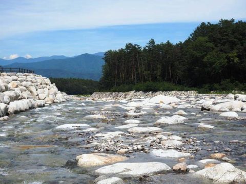 南アルプスを眺めながら大田切川を渡る 冷たい水と白い花崗岩が印象的