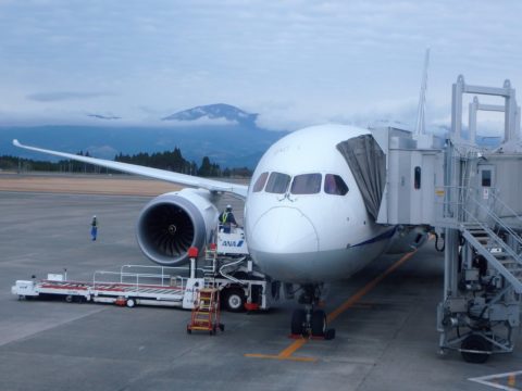 ANAボーイング787鹿児島空港到着