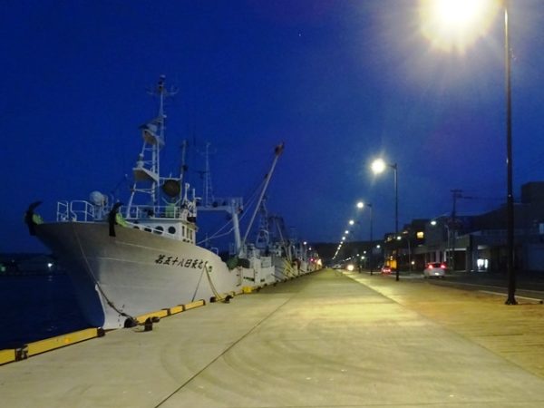 副港市場のすぐ横の岸壁に停泊する漁船、夜景