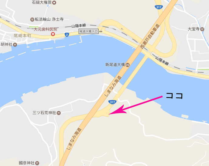 尾道大橋を渡ってすぐの小さな駐車場の位置図。googleマップ