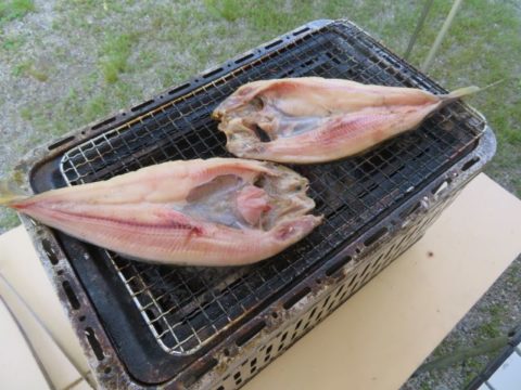 生ホッケを炭火で焼く。塩原グリーンビレッジ