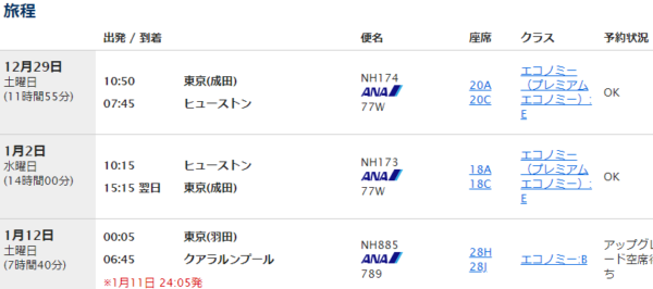 ＡＮＡクアラルンプール発券旅程表