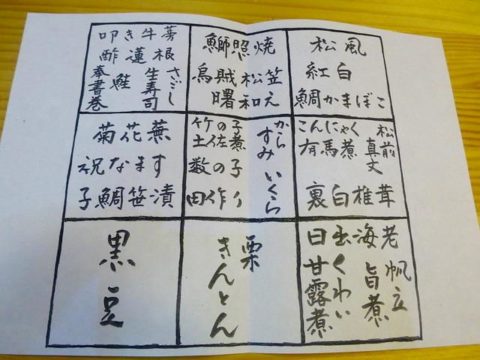 車内で食べた博多観山荘２人前おせちの手書き献立表